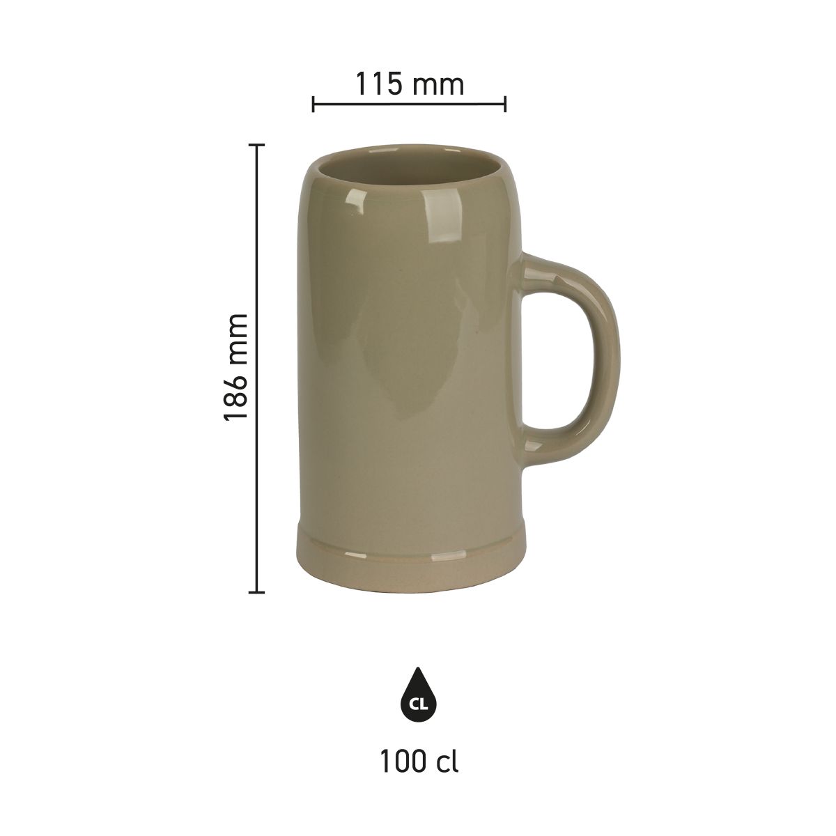 Infographic met productafmetingen van stenen bierpul 1 liter van aardewerk met aanduiding van hoogte en diameter.