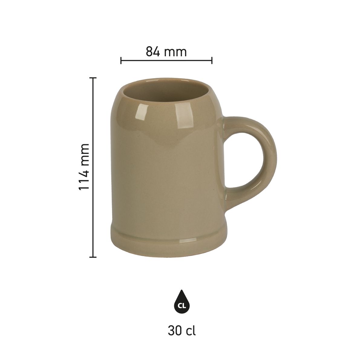 Infographic showing product dimensions of stoneware beer mug 30 cl, overview of height and diameter.