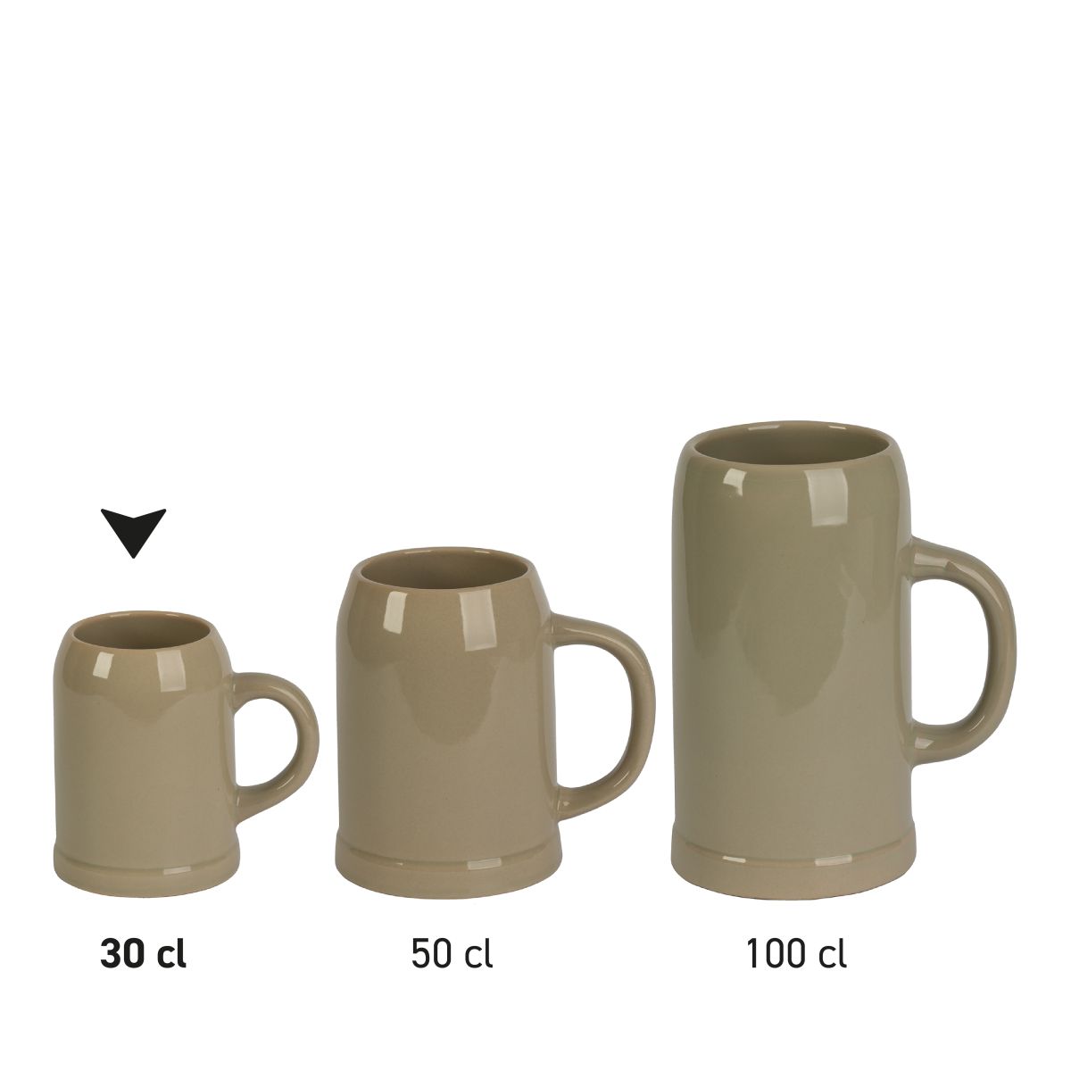 Series of multiple stoneware beer mugs side by side, overview of identical beer mugs.