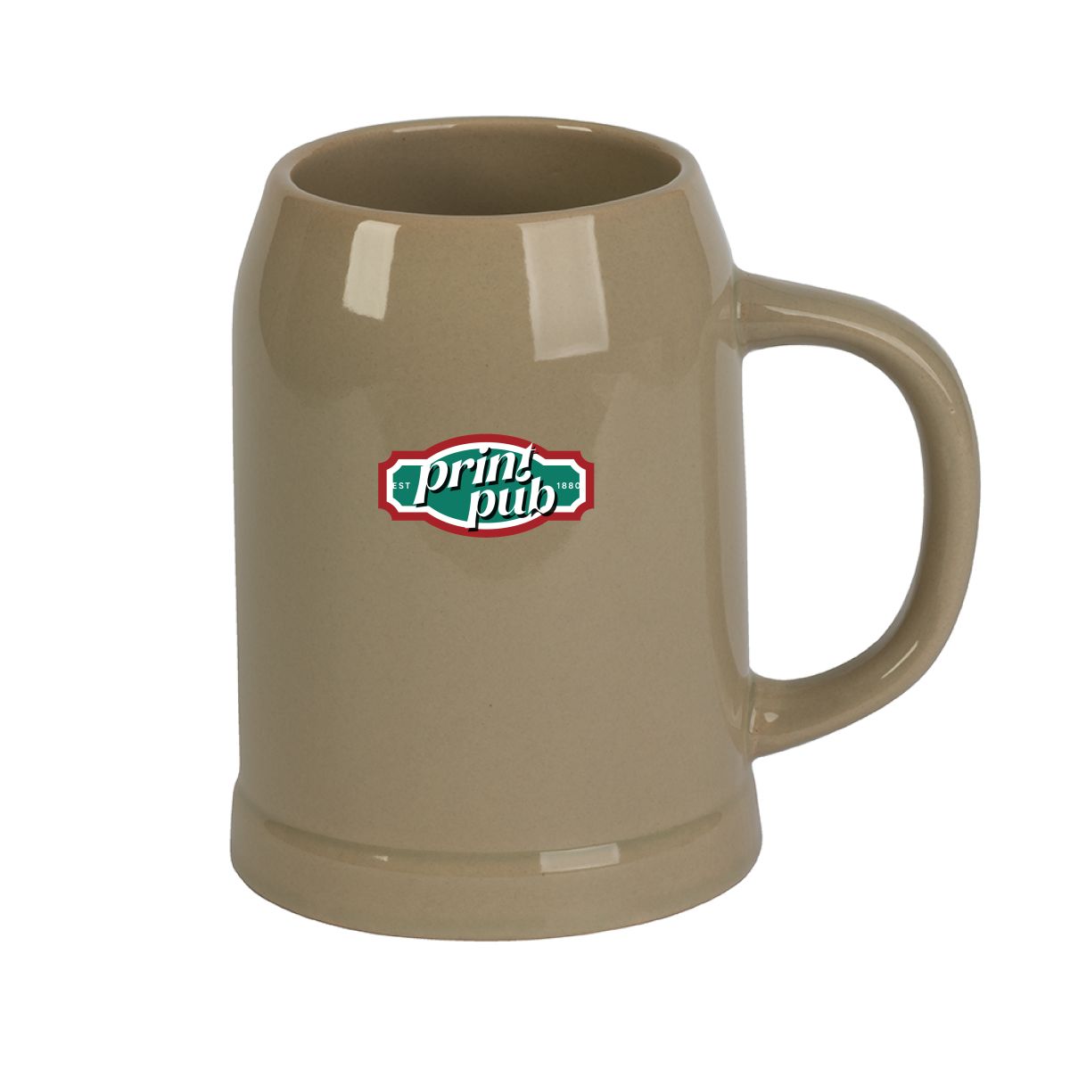 Stoneware beer mug 50 cl with multi-coloured PrintPub logo clearly visible on the front.