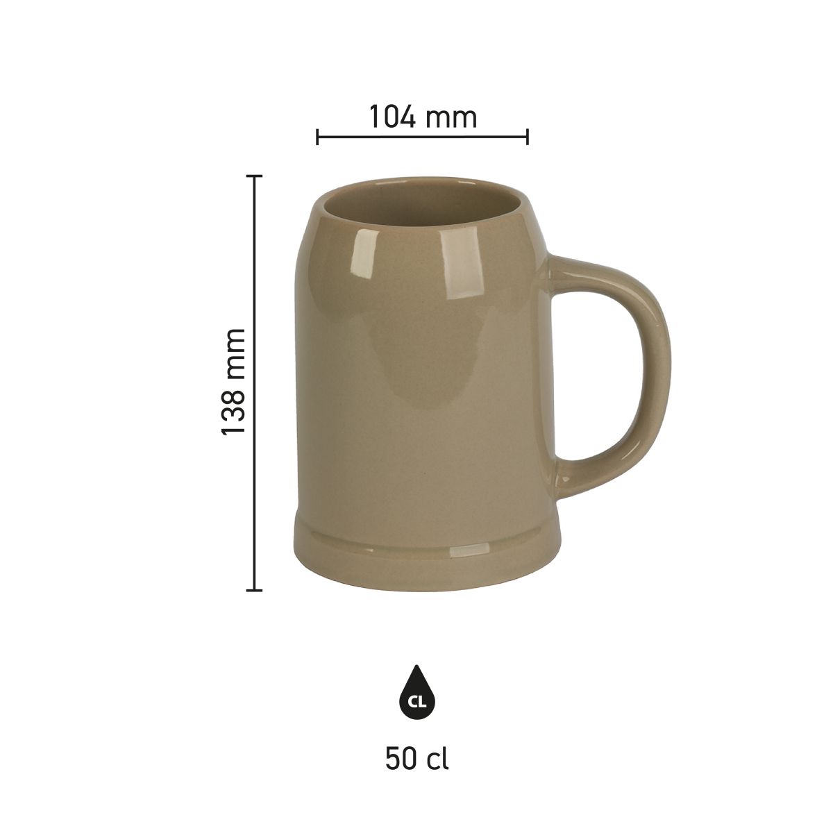Infographic showing product dimensions of stoneware beer mug 50 cl with indication of height and diameter.
