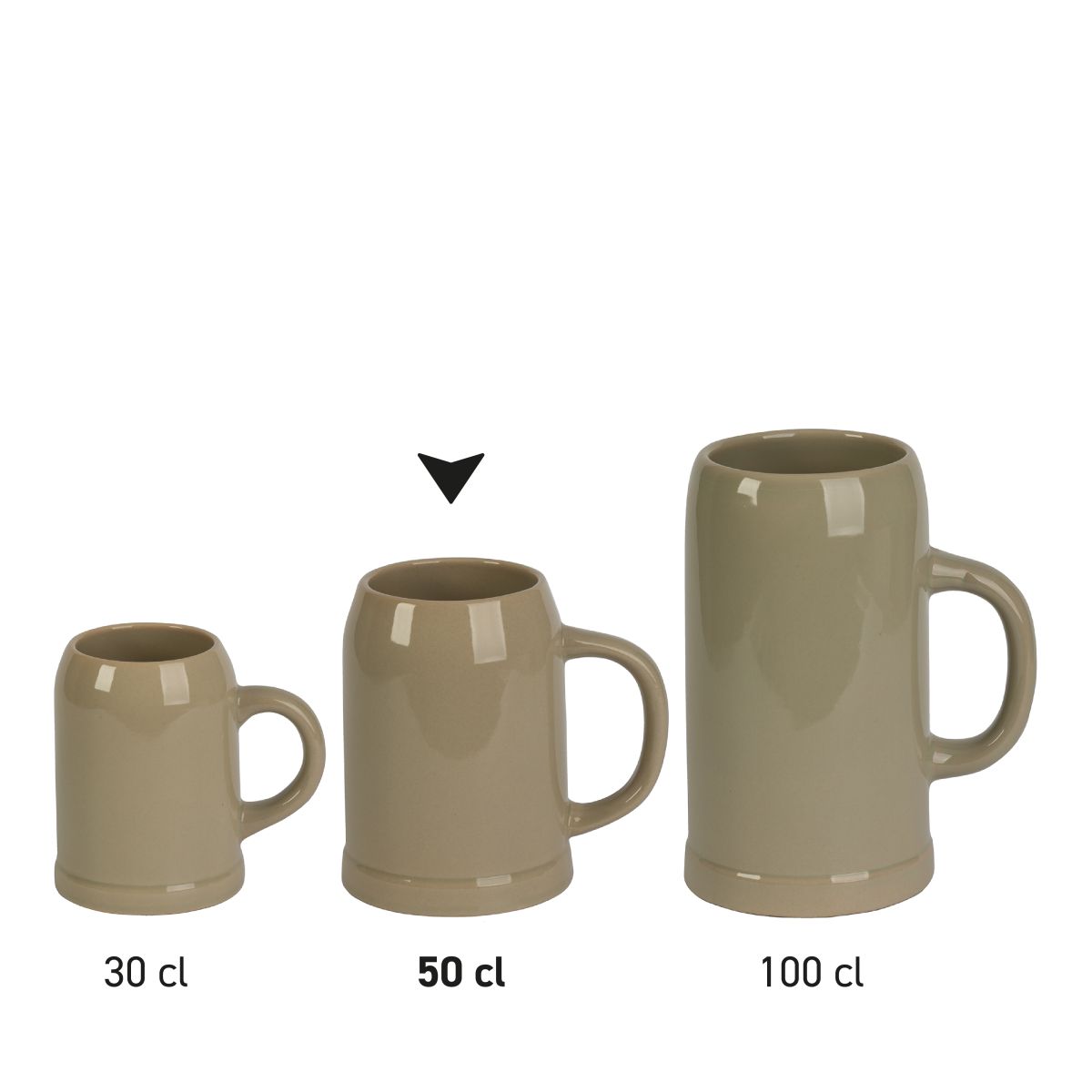 Series of stoneware beer mugs of different sizes arranged side by side, overview of several beer mugs.