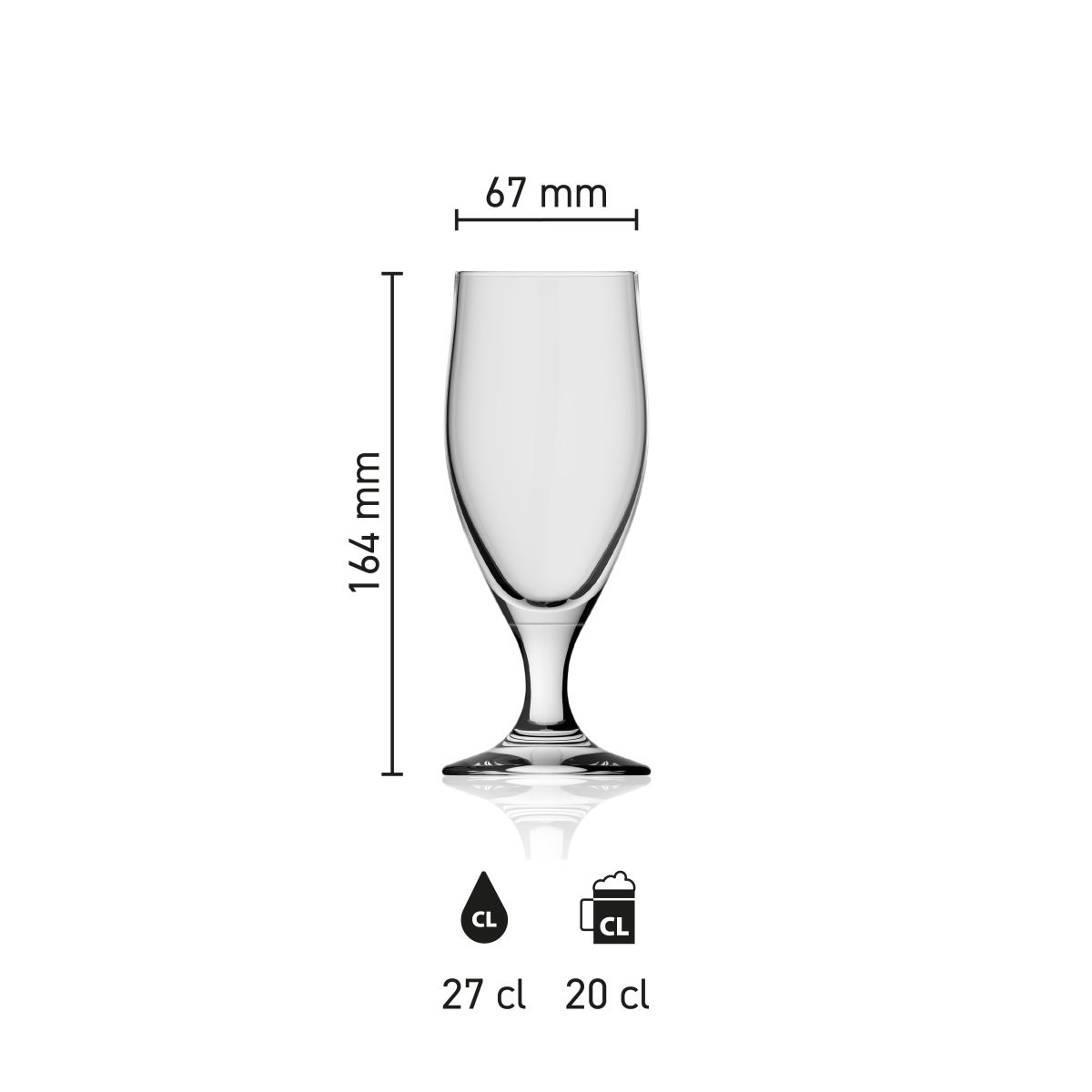 Dimensions of the Avano 27 cl beer glass, showing height, diameter and capacity in an infographic