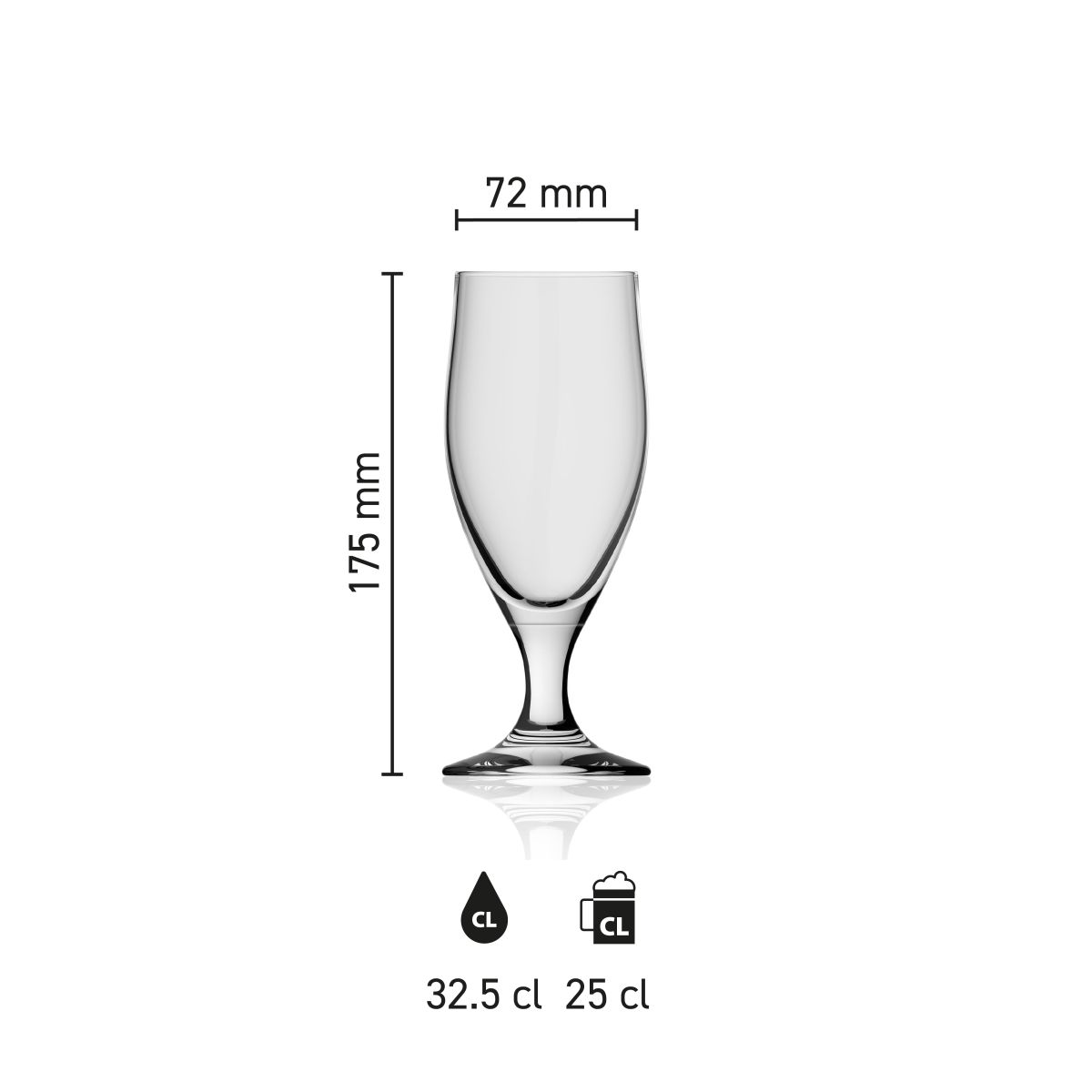 Dimensions of the Avano 33 cl beer glass, showing height, diameter and capacity in an infographic