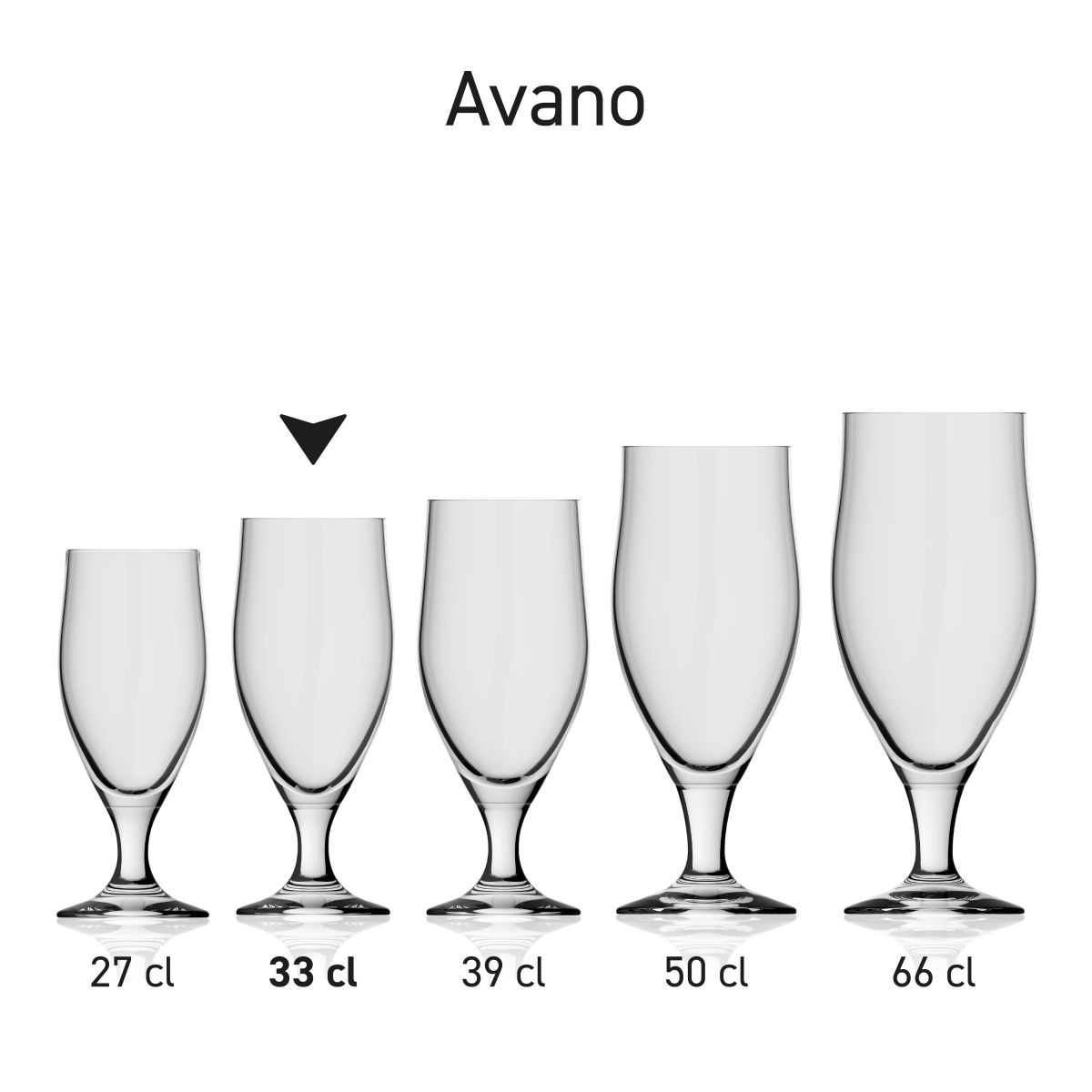Avano beer glass, 33 cl, shown in a series with several glasses displayed side by side