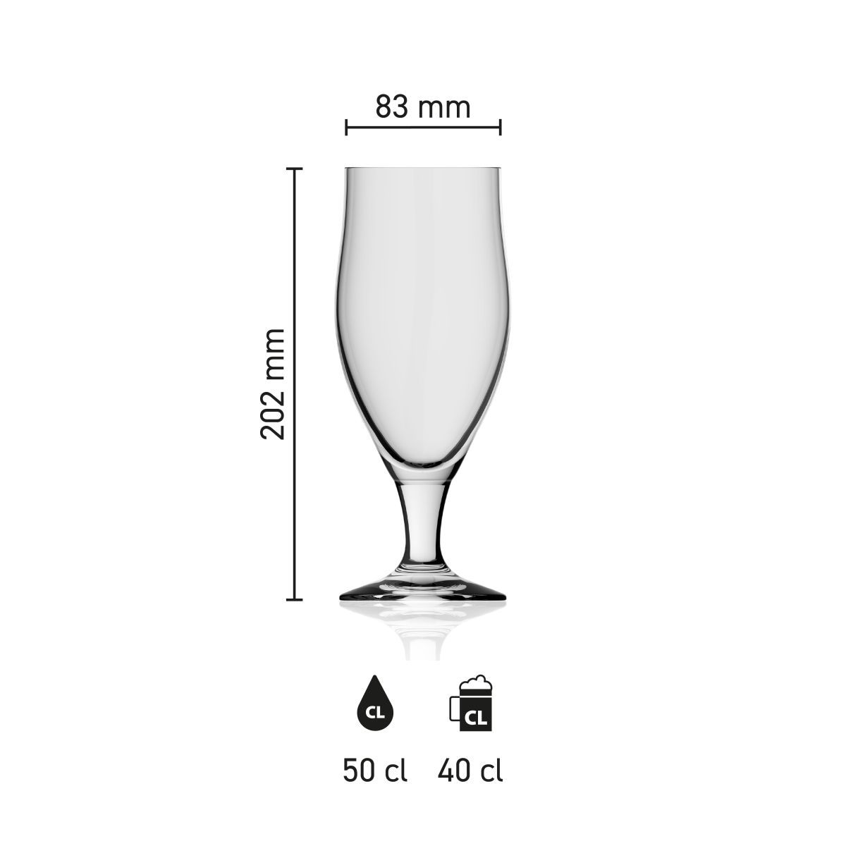 Dimensions of the Avano 50 cl beer glass, showing height, diameter and capacity in an infographic