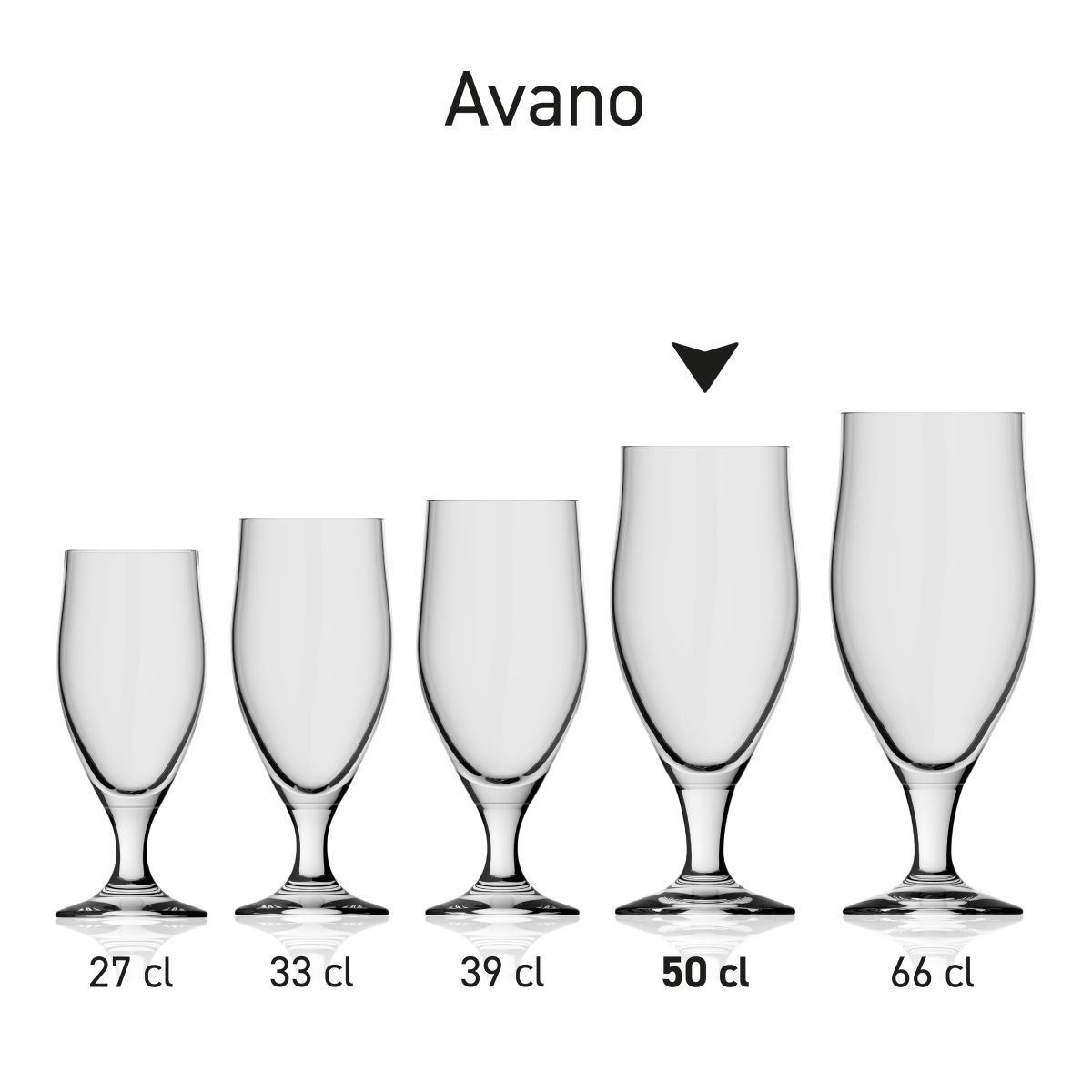 Avano beer glass, 50 cl. Glass shown as part of a set, with several examples displayed side by side