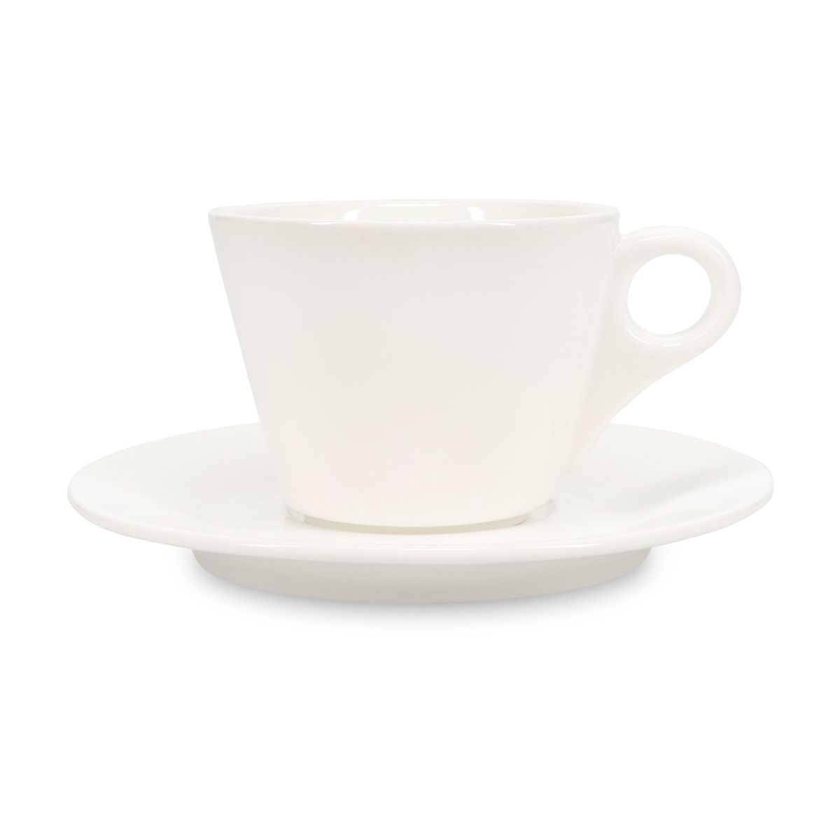 Vooraanzicht van Baristo Cappuccino 21 cl. SET porselein met wit kopje en bijpassende schotel.