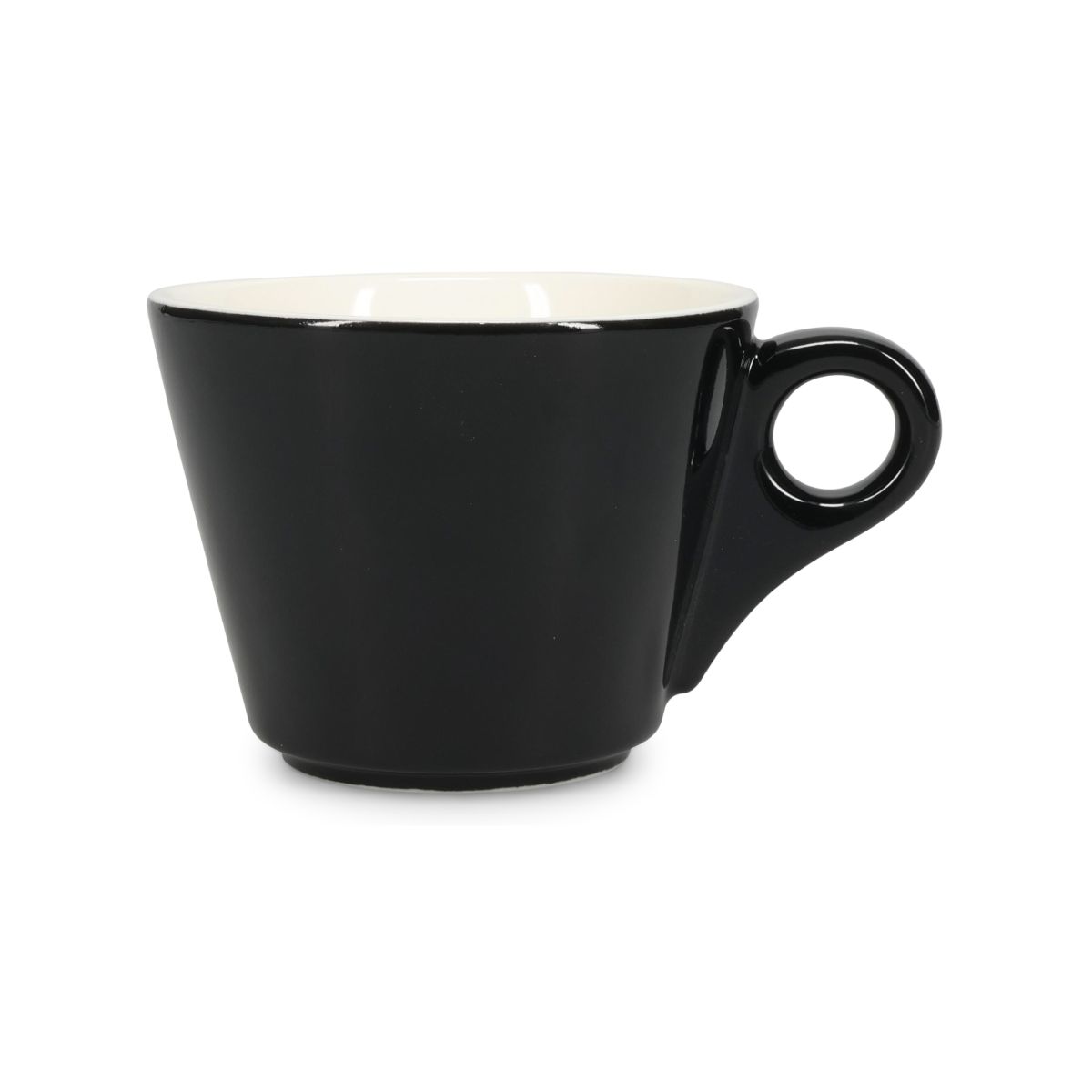 Vooraanzicht van Baristo Cappuccino Kop 21 cl. van zwart-wit porselein met brede opening en afgeronde vorm.