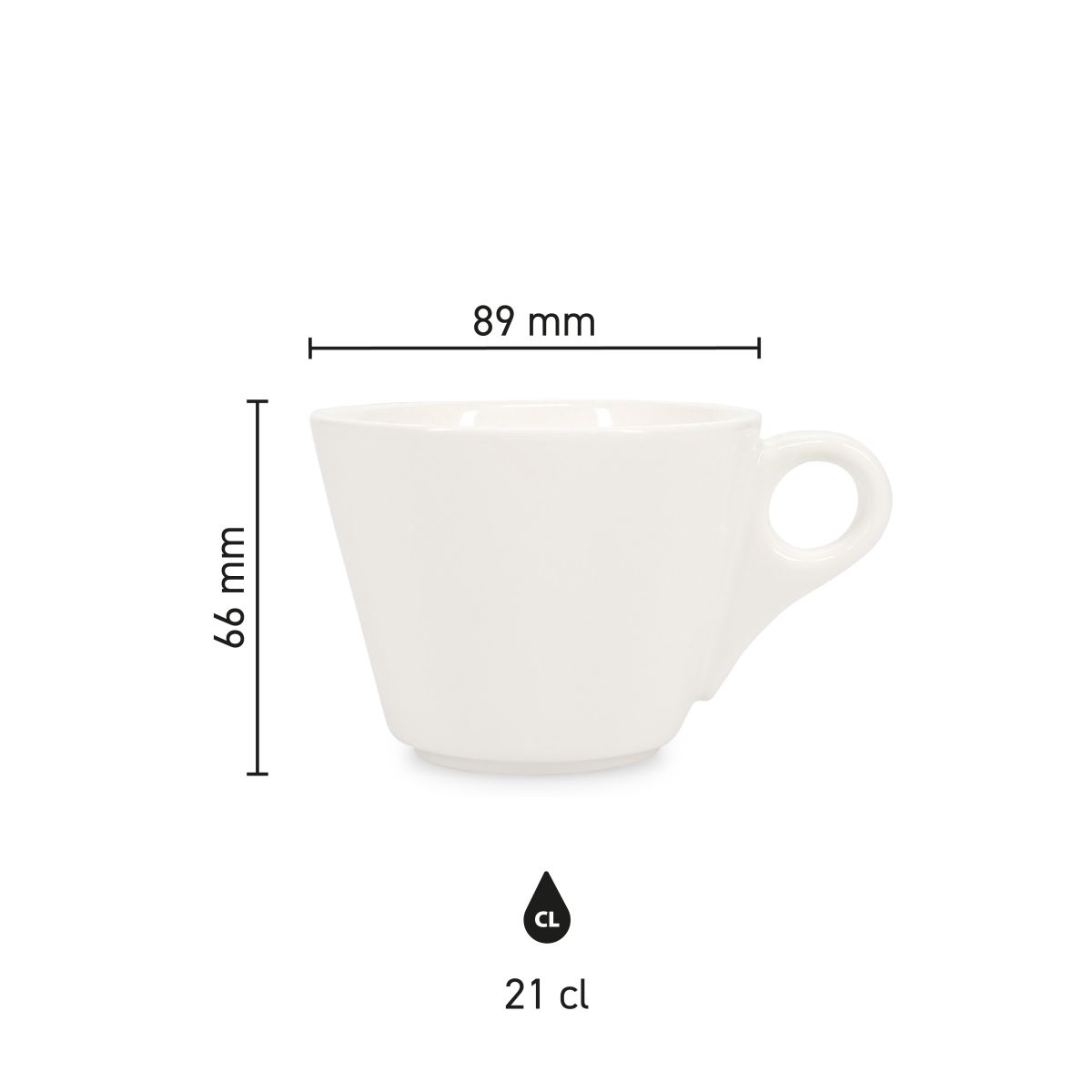 Infographic toont productafmetingen van de Baristo Cappuccino Kop 21 cl. porselein, inclusief hoogte en diameter.