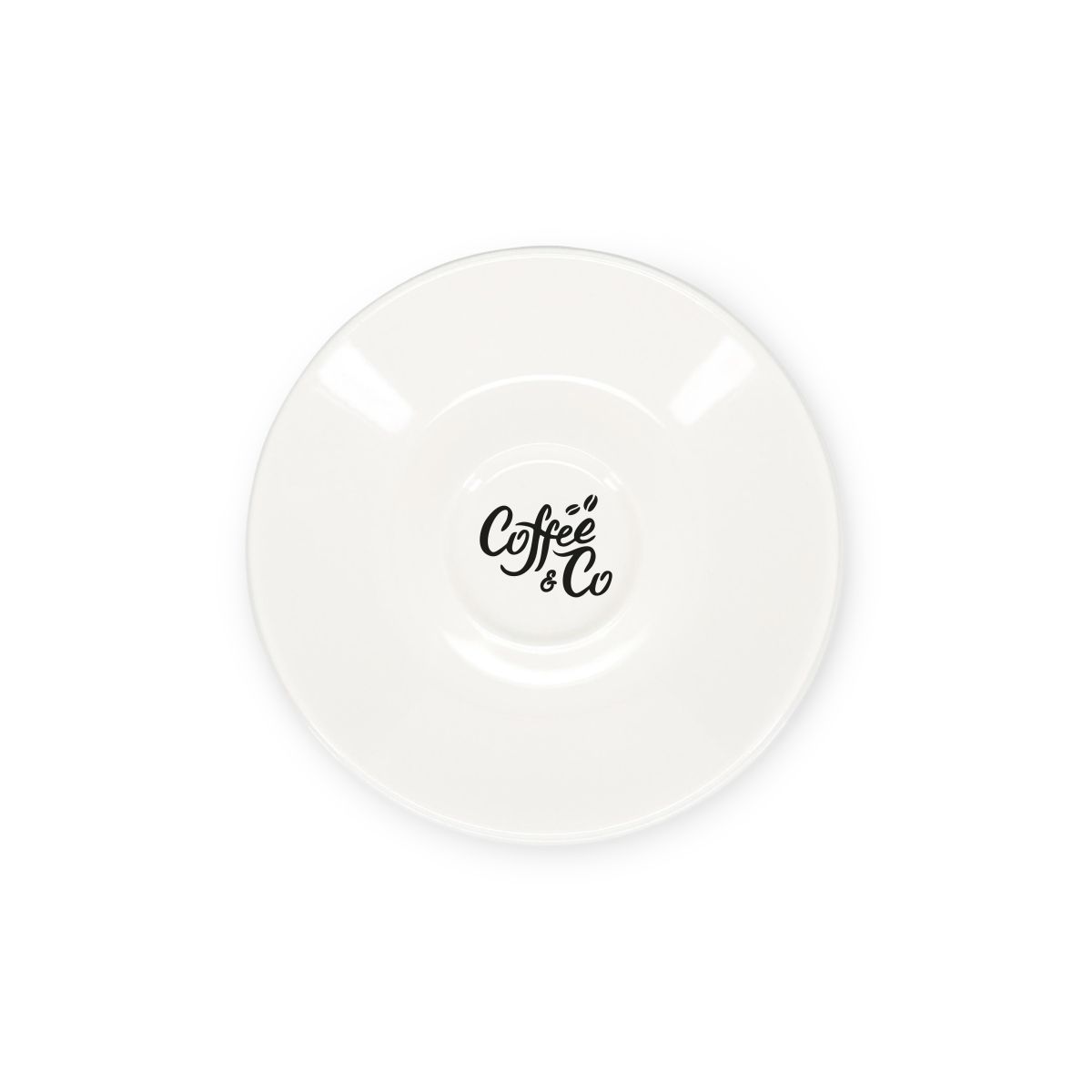 12.5 cm porcelain espresso saucer with single-coloured CoffeeCo logo on the centre surface.