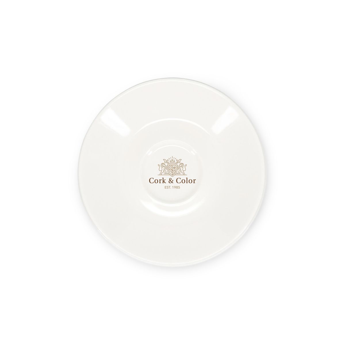 Baristo Espresso Dish 12.5 cm of porcelain with multi-coloured CorkColor logo in the centre.
