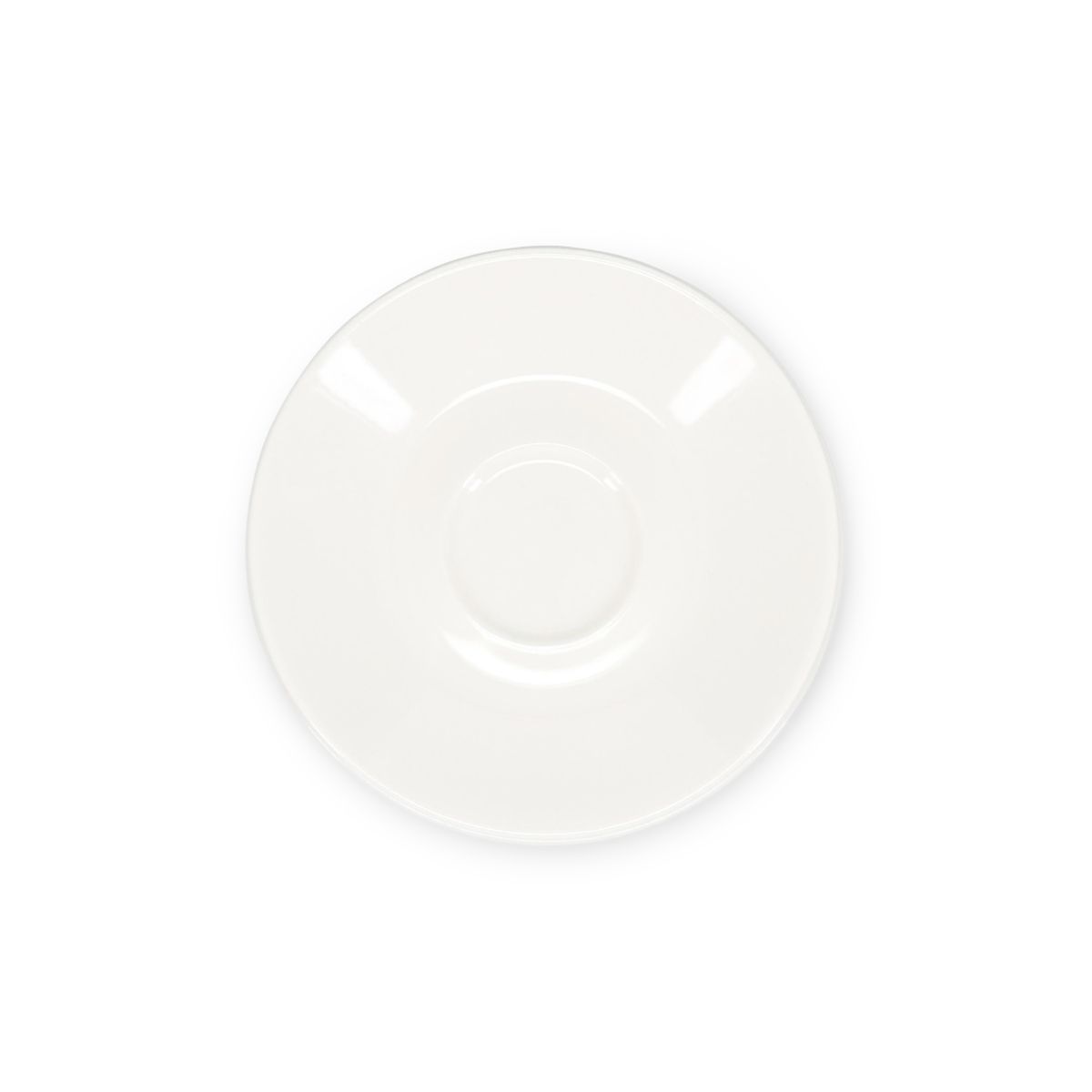 Ronde Baristo Espresso Schotel van 12,5 cm in wit porselein, weergegeven in frontaal aanzicht.