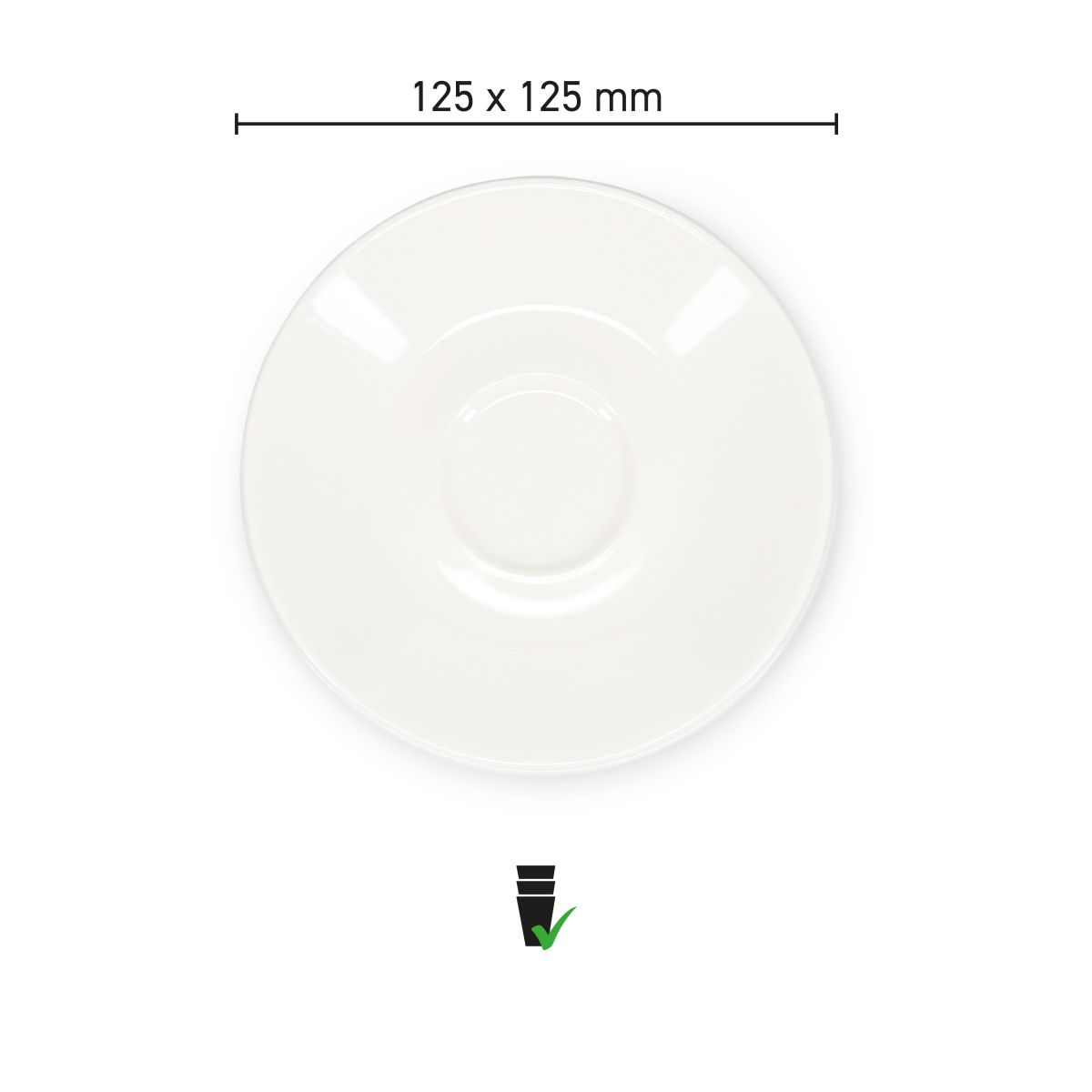 Infographic shows diameter and shape details of Baristo Espresso Dish 12.5 cm porcelain.