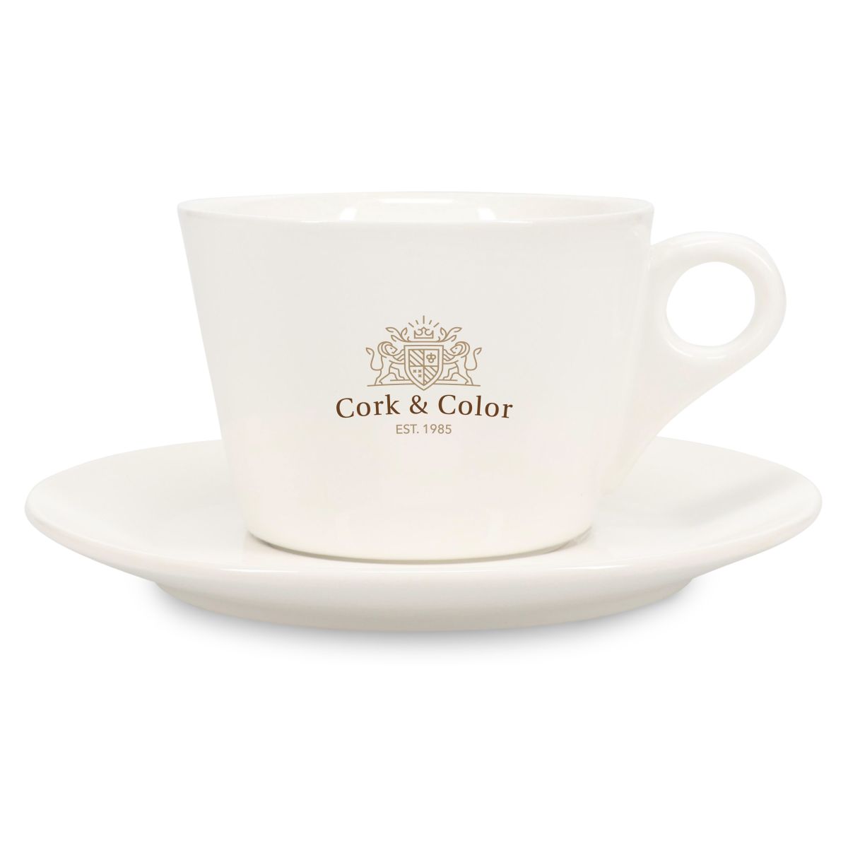 Baristo Latte 28 cl porseleinset met meerkleurig CorkColor-logo zichtbaar op alle voorkanten.
