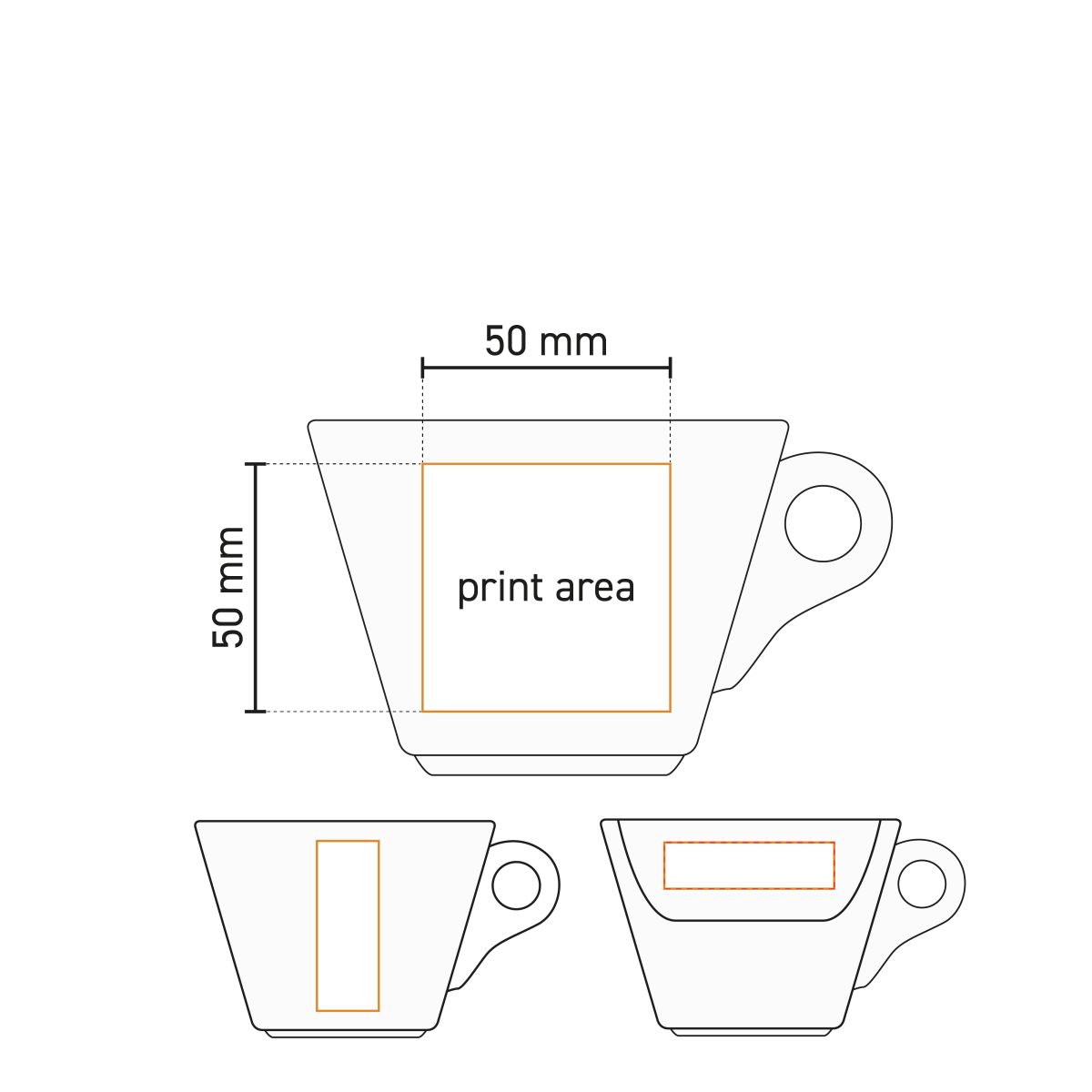 Technische werktekening van Baristo Latte Kop 28 cl met aanduiding van drukgebied op porselein.