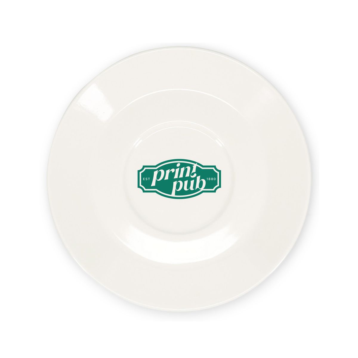 Porcelain Baristo Latte Dish 16.5 cm with centrally placed PrintPub logo in one colour.
