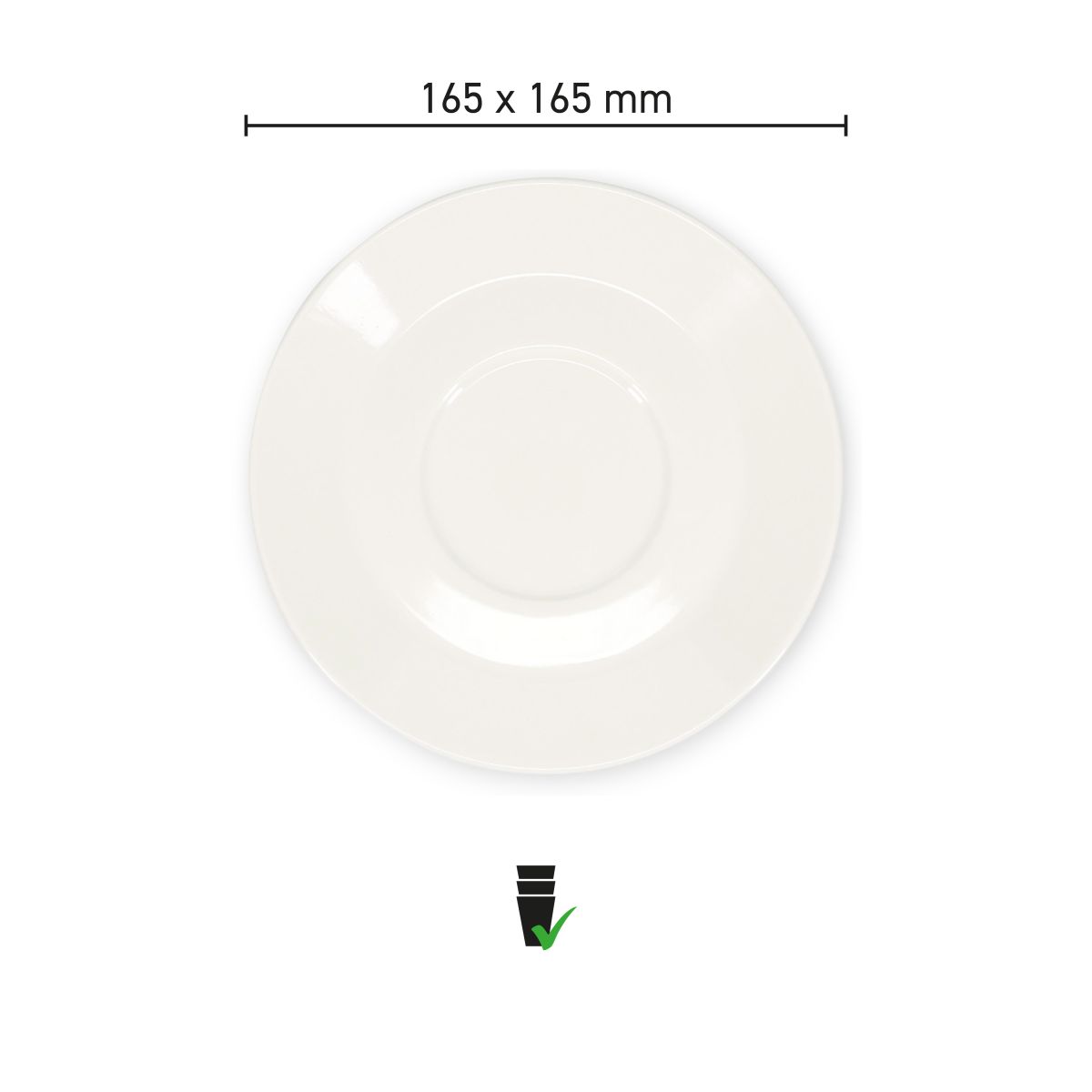 Infographic shows diameter and shape characteristics of the porcelain Baristo Latte Dish 16.5 cm.