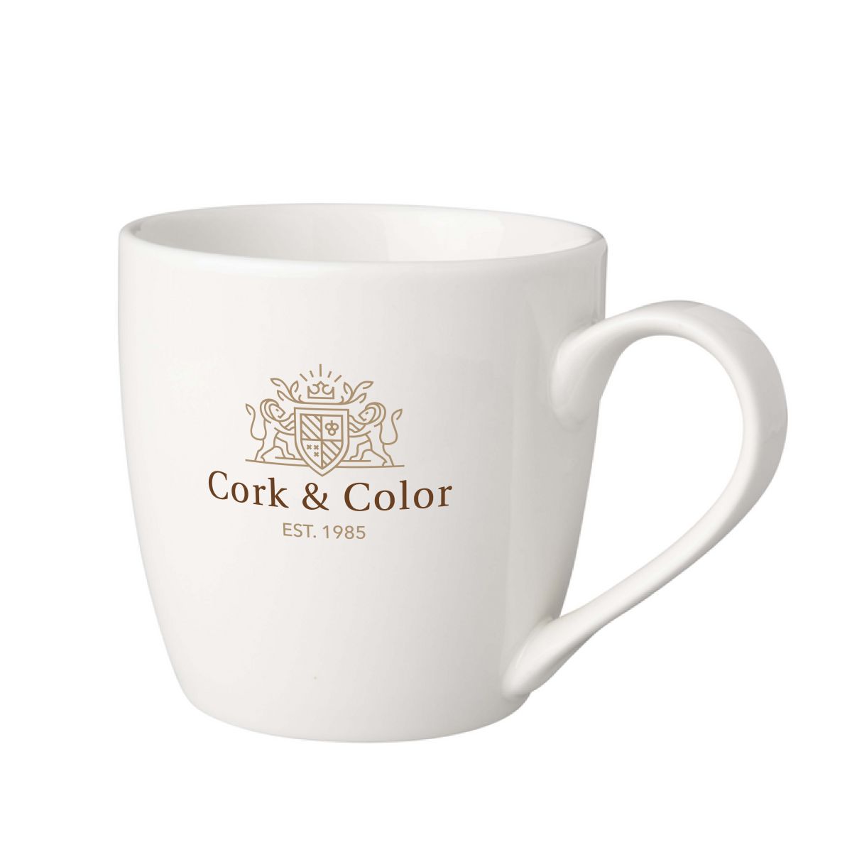 Cup white Budgetline Neo 25 cl. with multicoloured CorkColor logo on front.