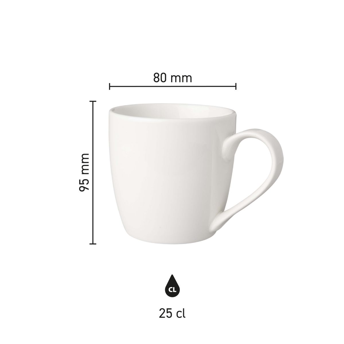 Infographic with dimensions of white porcelain Budgetline Neo cup 25 cl.