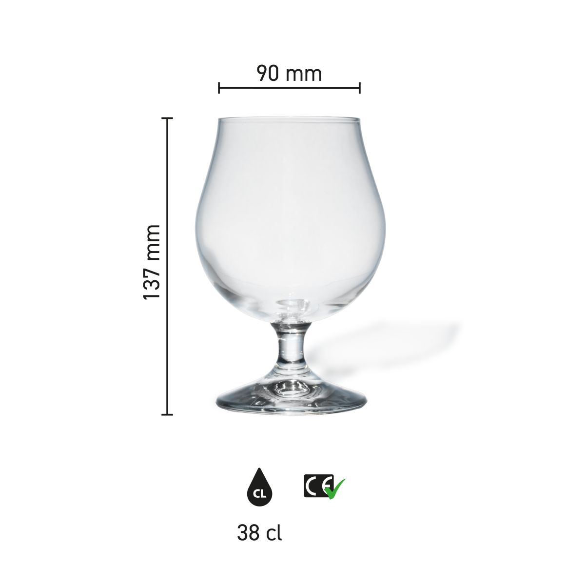 Infographic met maatvoering van Breughel bierglas 38 cl., met hoogte- en diameteraanduidingen in millimeters.