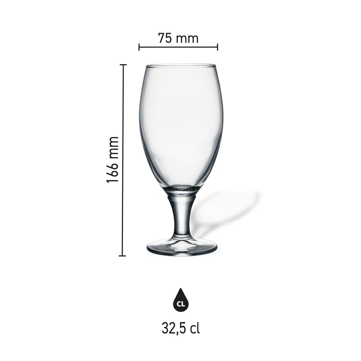 Dimensions of the Cheers 32.5 cl beer glass, showing height, diameter and capacity in an infographic