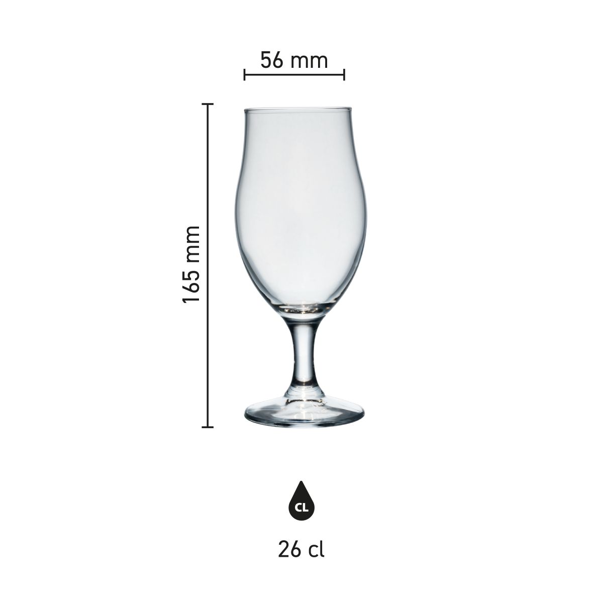 Maatvoering van het Bierglas Executive 26 cl glas met hoogte, diameter en inhoud in infographic