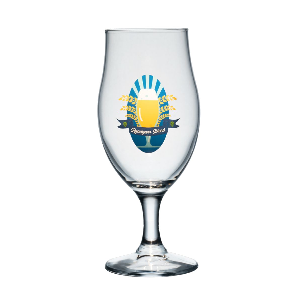 Executive 38 cl. beer glass with a multicoloured Raadgever Blond logo on the front