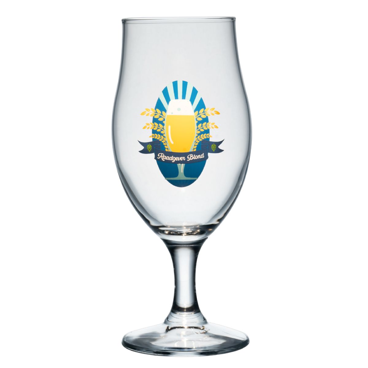 Executive beer glass, 53 cl, with a multicoloured Raadgever Blond logo on the front
