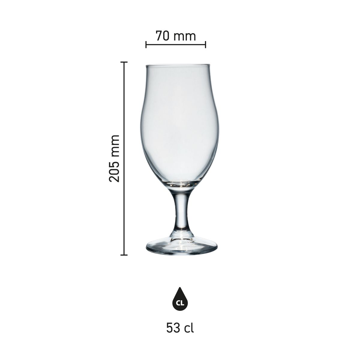 Dimensions of the Executive 53 cl beer glass, showing height, diameter and capacity in an infographic