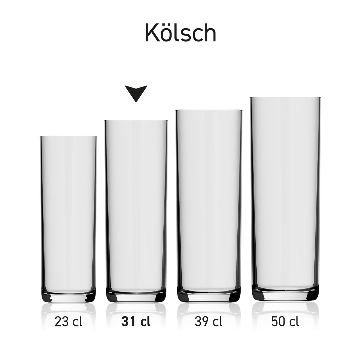 Bierglas Kölsch 31 cl. glas in serie met meerdere exemplaren naast elkaar getoond