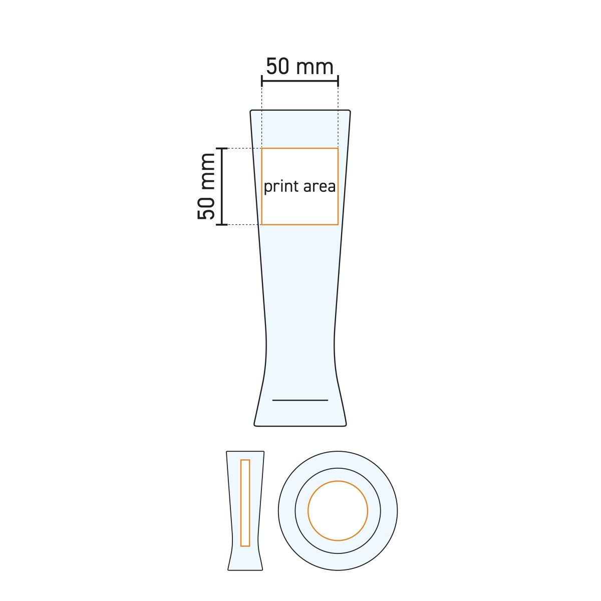 Werktekening van bierglas Monaco 30 cl tapmaat met drukgebied-aanduiding voor logobedrukking of gravure