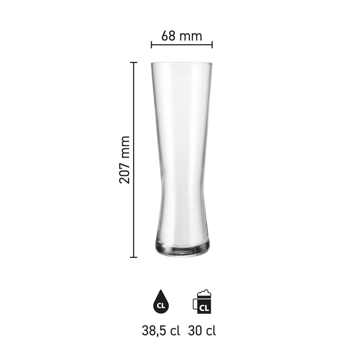 Infographic met productafmetingen van bierglas Monaco 30 cl tapmaat: hoogte, diameter en inhoud met maatlijnen