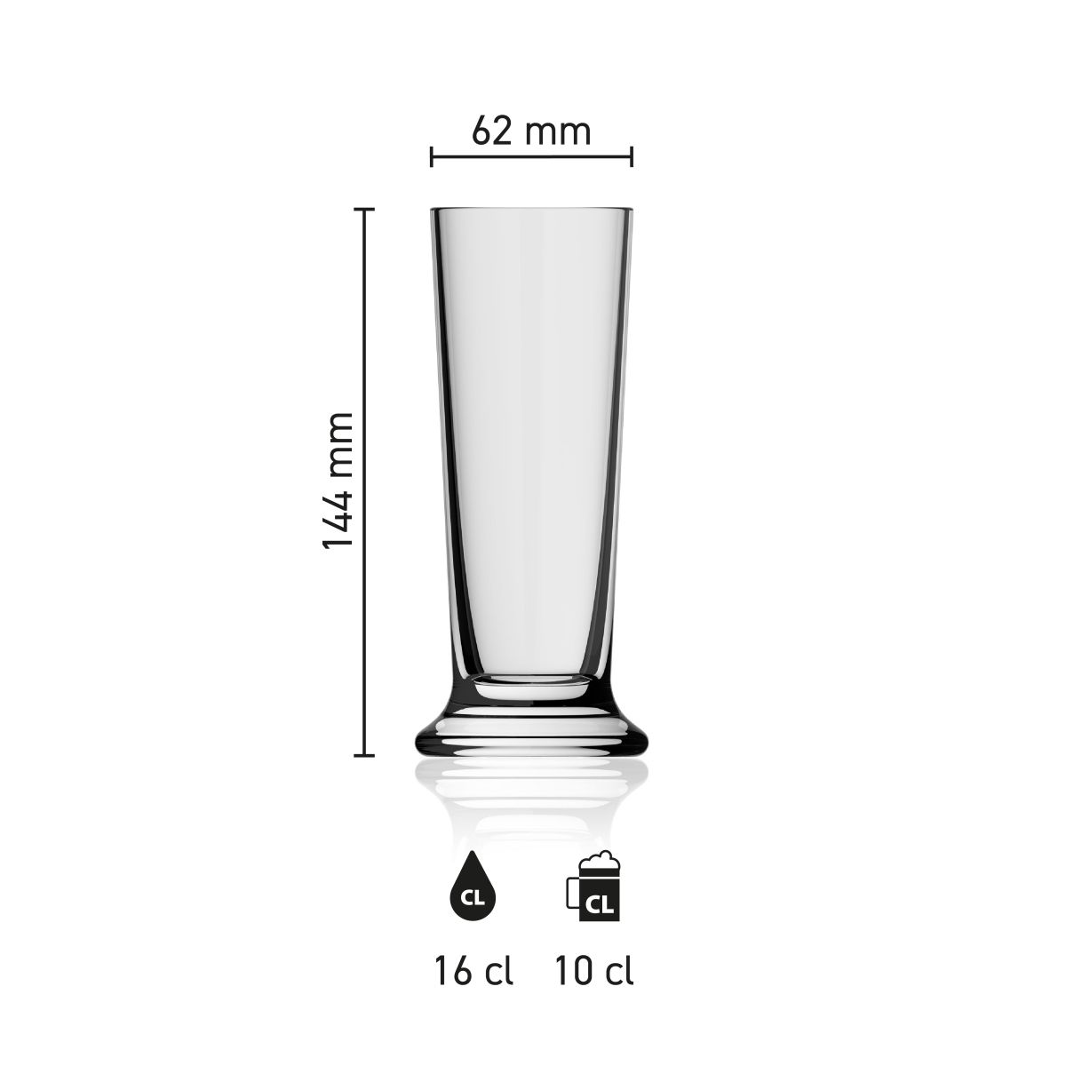 Dimensions of the Beer glass Stange 16 cl. showing height, diameter and capacity in an infographic