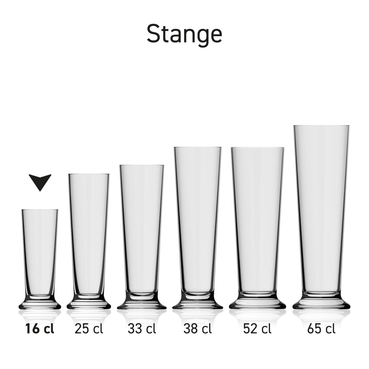 Beer glass Stange 16 cl.  shown in a series with several examples displayed side by side