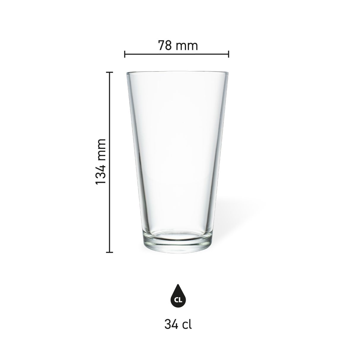 Product dimensions of the Beer Pint glass 34 cl. shown in a technical infographic.