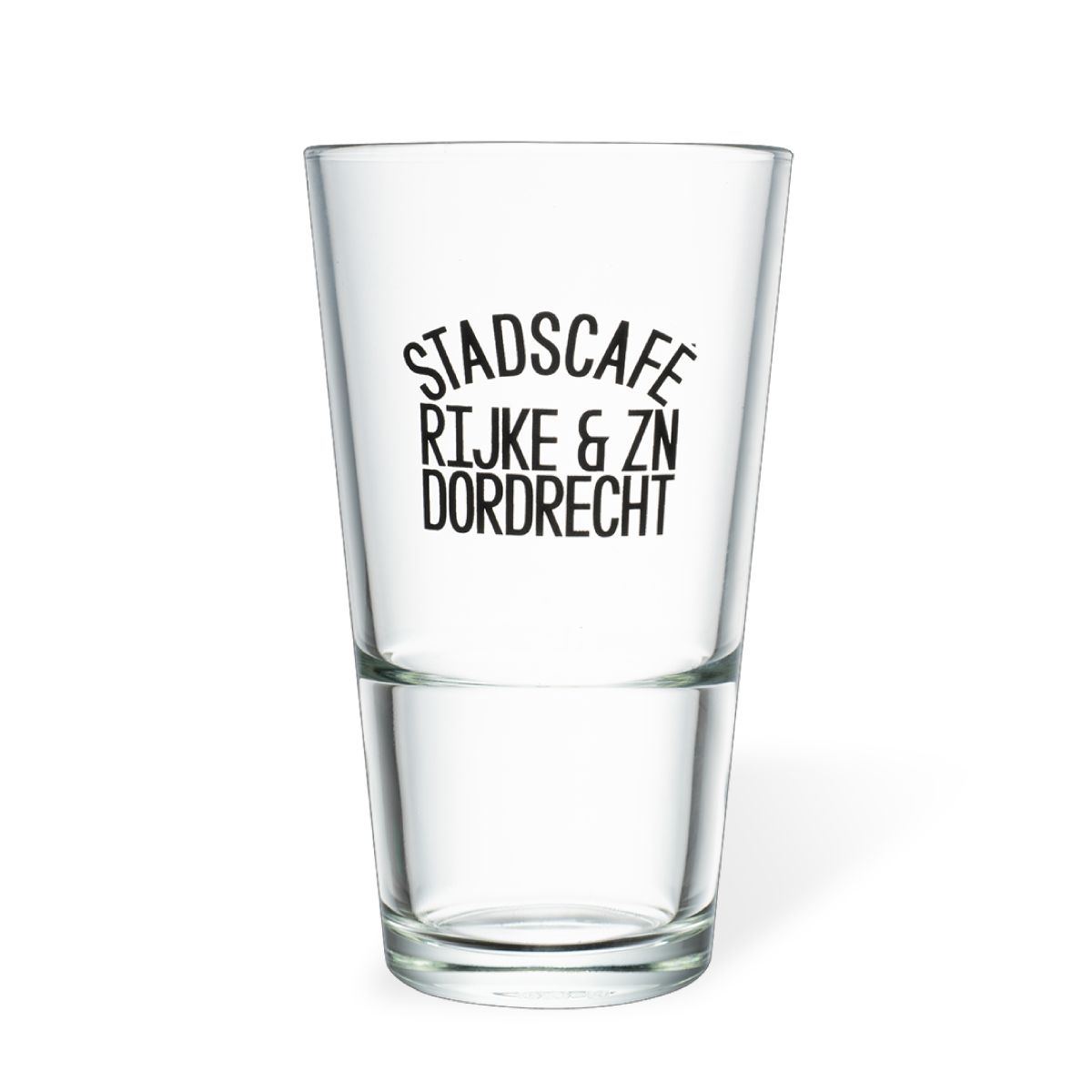 Transparent beer glass Vase Stack 34 cl glass with unicolour logo of Stadscafé Rijke &amp; zn Dordrecht on the front panel