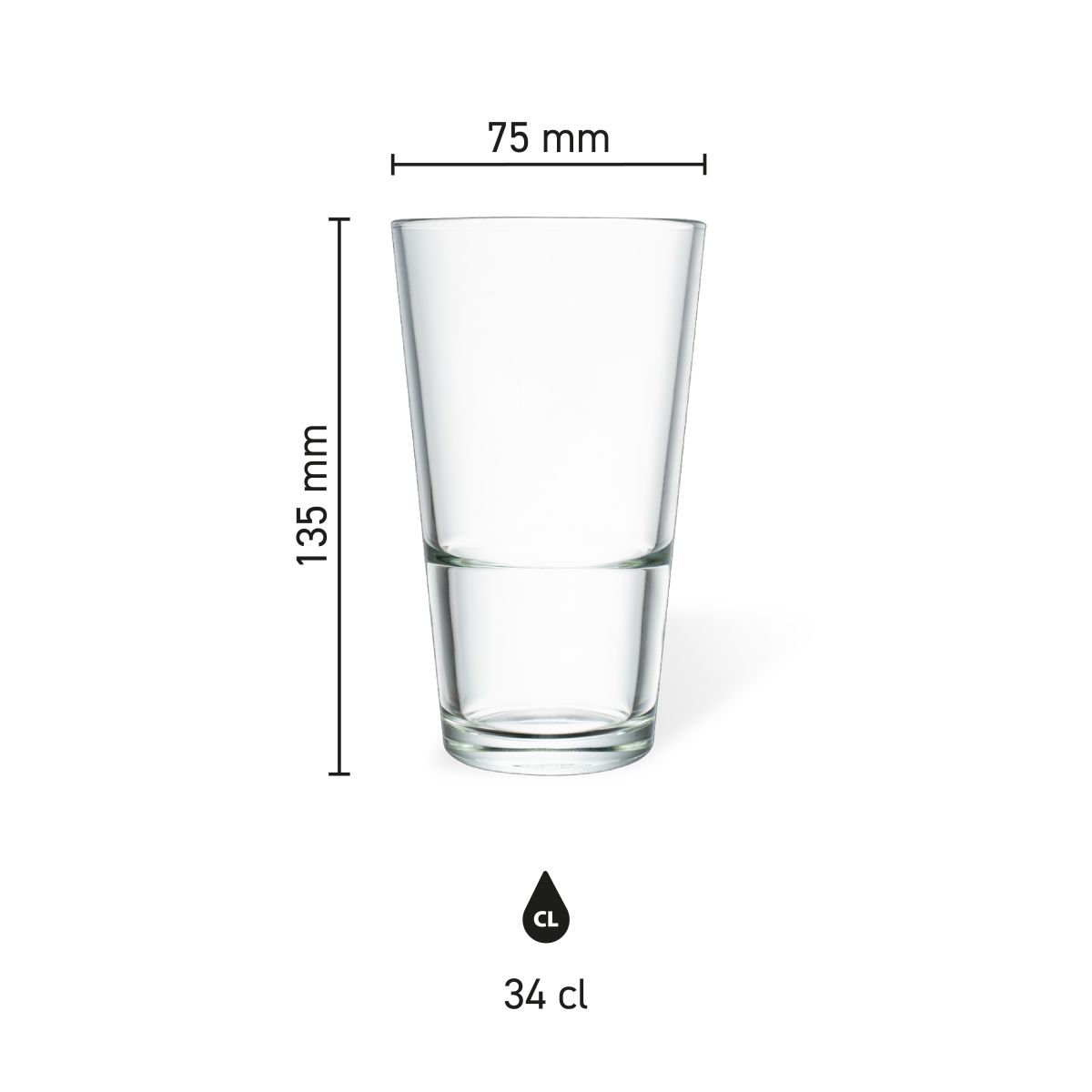 Infographic showing dimensions of beer glass Vase Stack 34 cl. including diameter and height.
