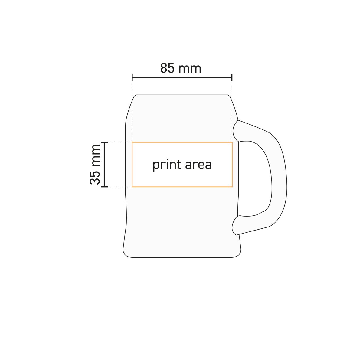 Technische werktekening met weergave van het drukgebied op porseleinen bierpul voor logobedrukking.