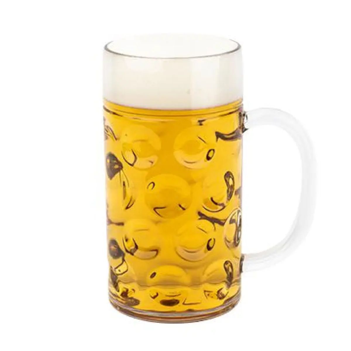 Filled 110cl beer mug October in plastic on white background, visible with foam head.
