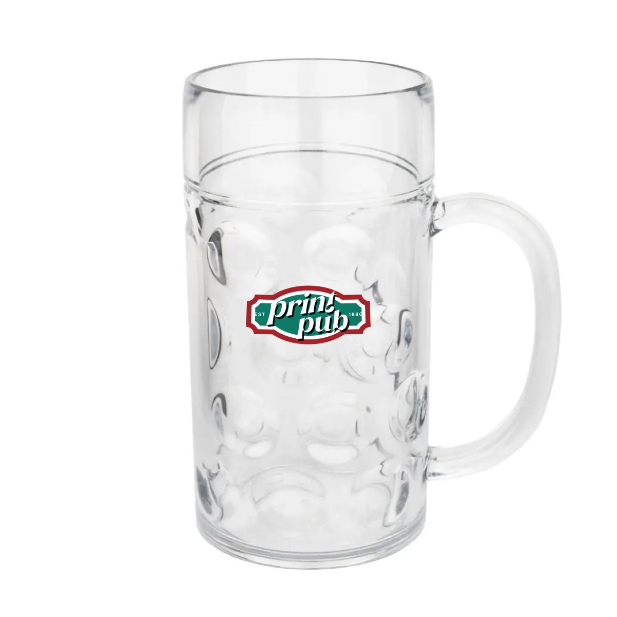 110 cl beer mug in plastic with multi-coloured PrintPub logo printed on the front.