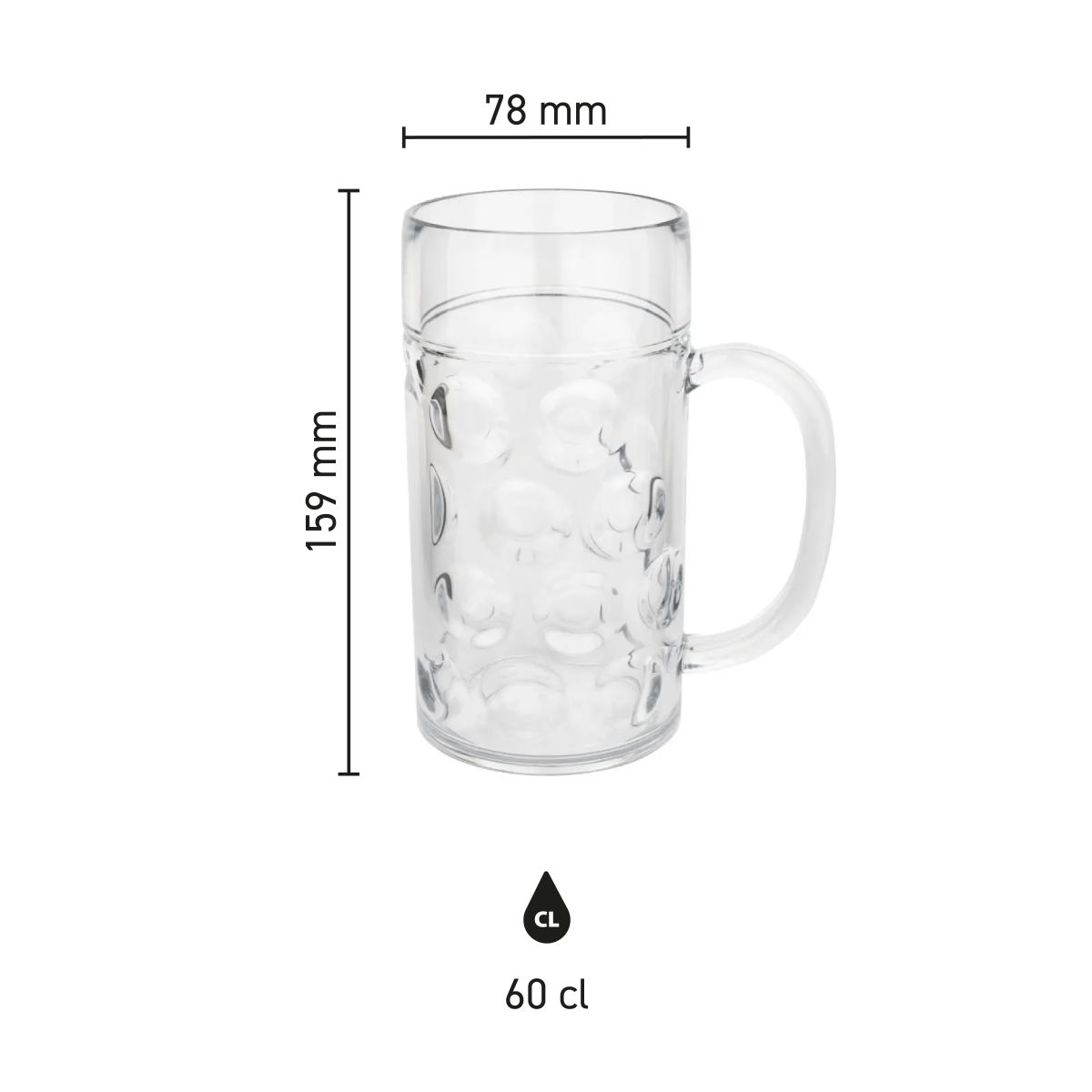 Infographic met afmetingen van kunststof bierpul Oktober 60 cl, inclusief hoogte en diameter.