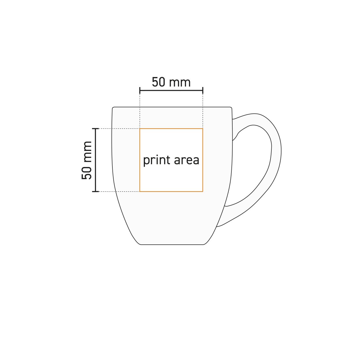 Technical working drawing of Big Drink mug 45 cl. porcelain with marked printing area.