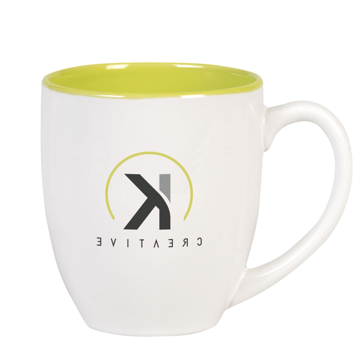Big Drink mug 45 cl. of white-green porcelain in front view with creative Kcreative print in central design.