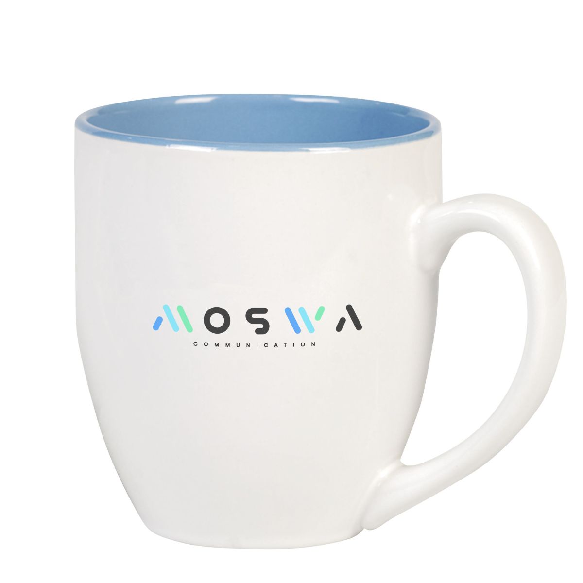 white-blue porcelain Big Drink mug 45 cl, front view with sleek osacommunication print in contrasting colour.