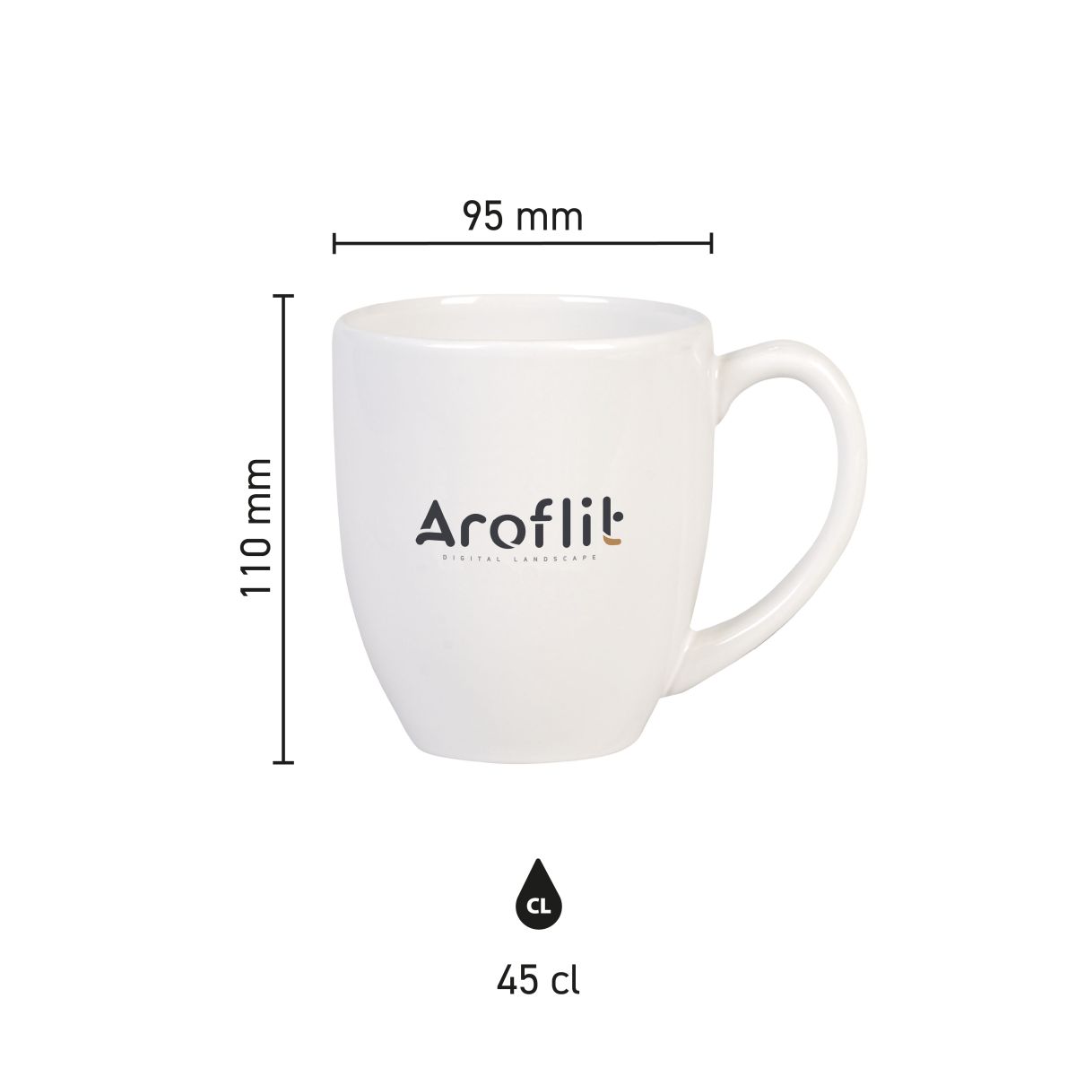 Infographic showing product dimensions of Big Drink mug 45 cl made of porcelain, including height and diameter details.