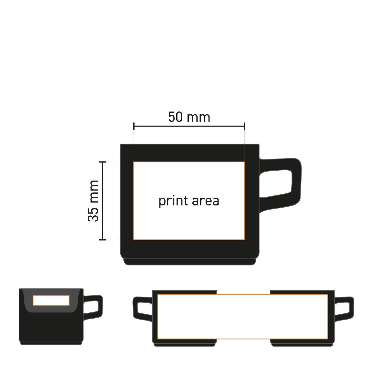 Technische werktekening van Blackwell Espresso Kop 9 cl met aanduiding van het drukgebied voor logo’s.