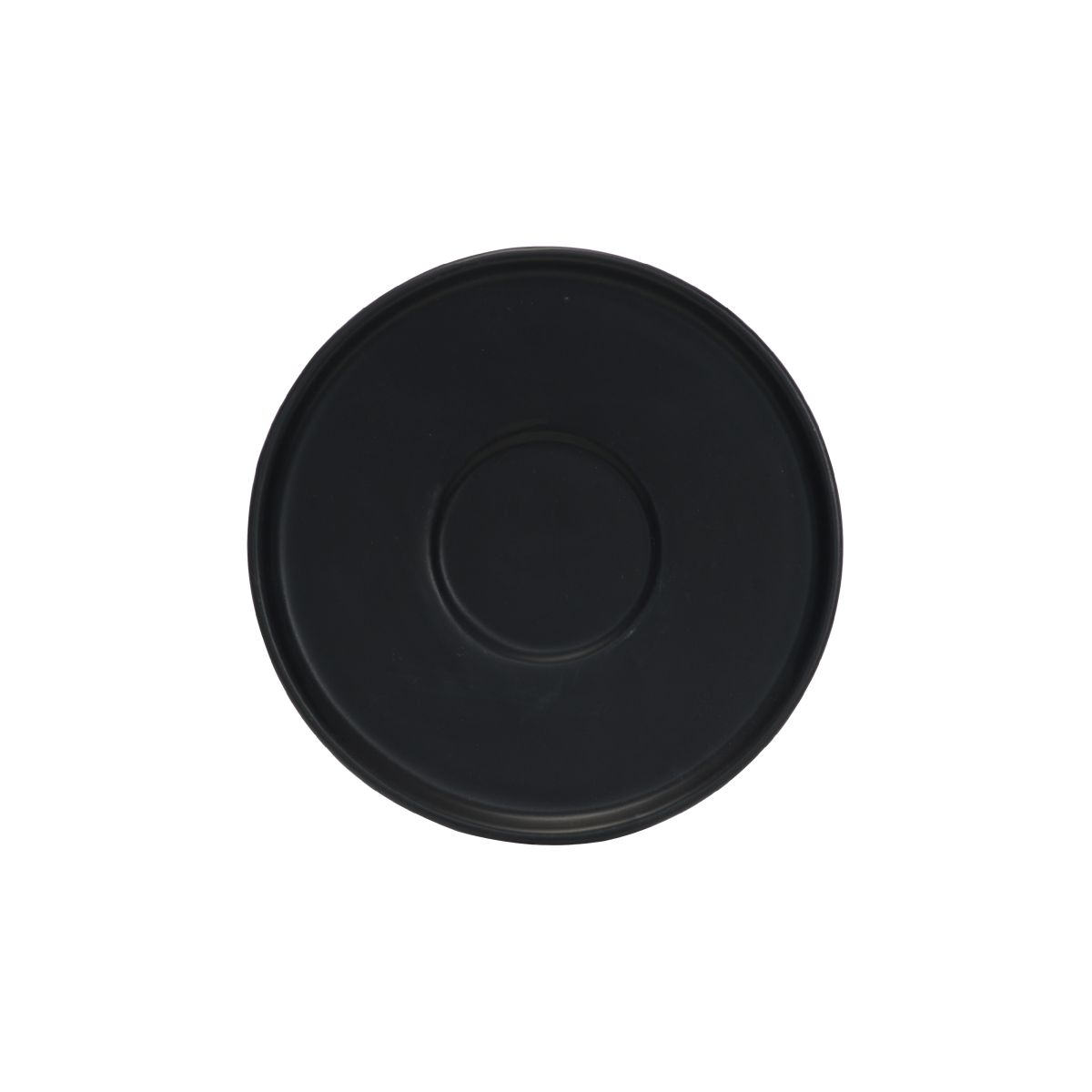 Front view of the 14 cm Blackwell double espresso saucer, made of porcelain with a smooth and rounded design.