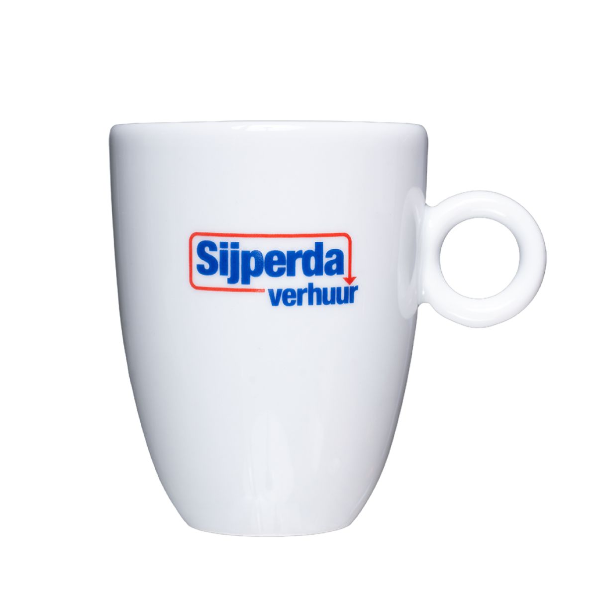 Bola mug 25 cl. porcelain, with a multicoloured Sijperda Verhuur logo on the front