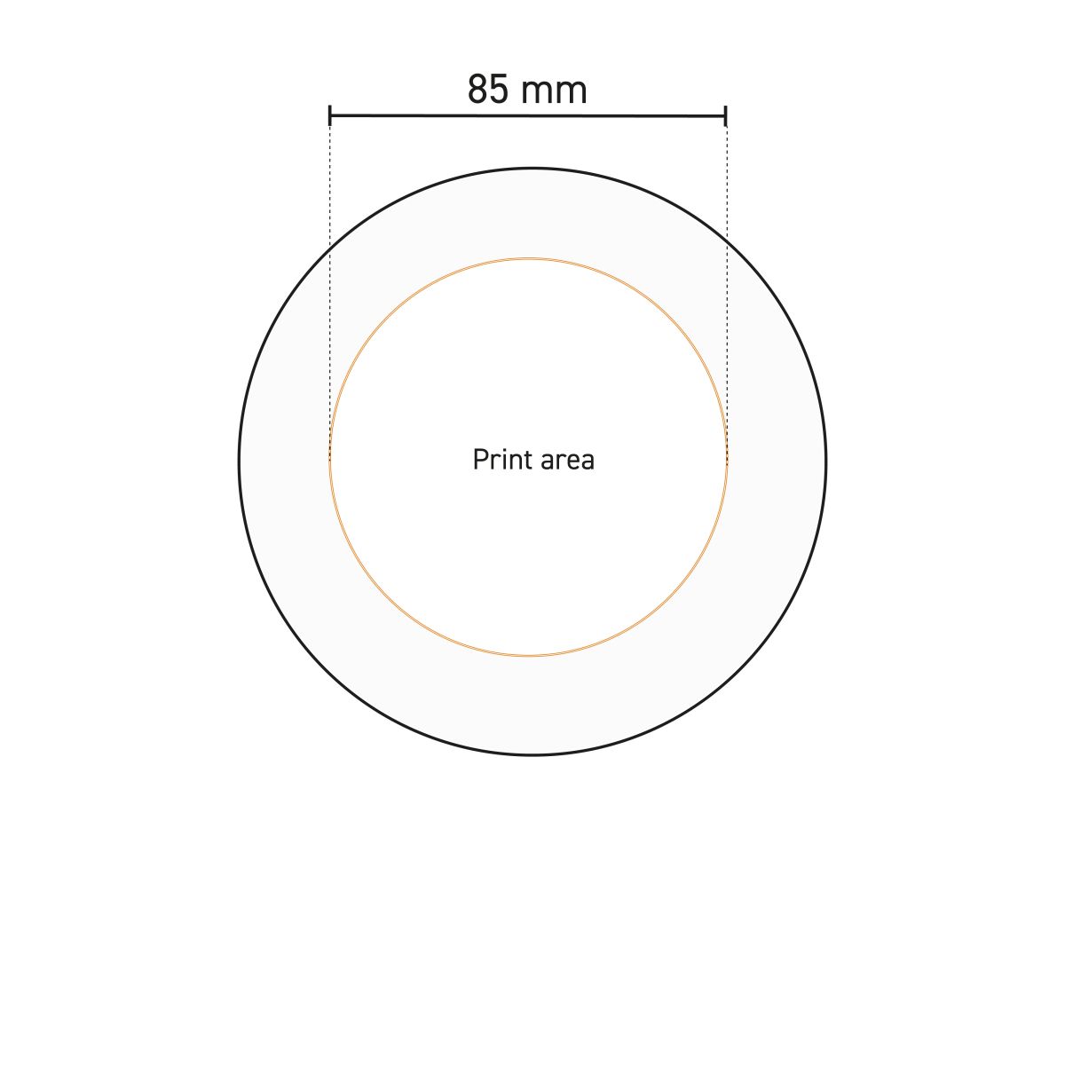 Technische werktekening van het drukgebied op het Basic bord 24 cm porselein.